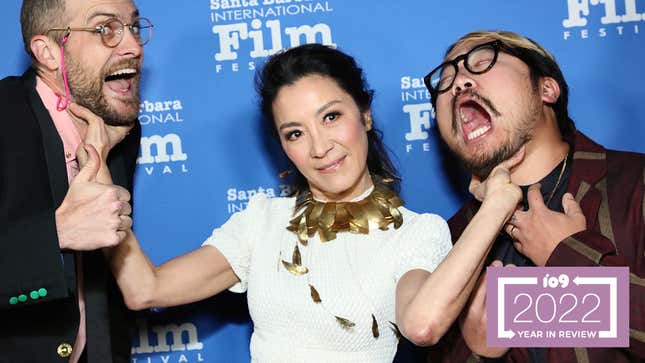 Michelle Yeoh with the Daniels (Daniel Scheinert and Daniel Kwan) on the red carpet