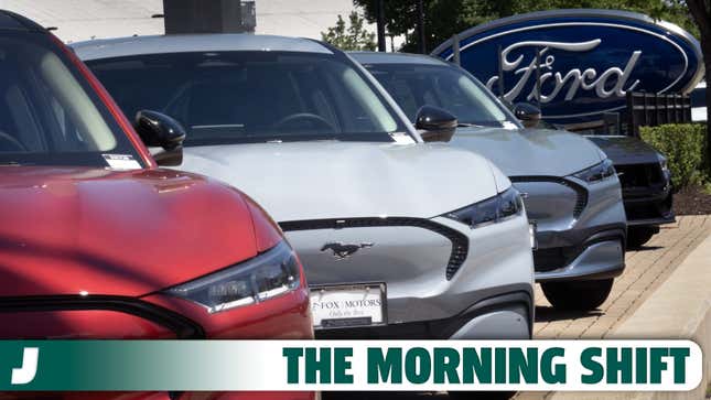 A photo of Ford EVs on sale at a dealership. 