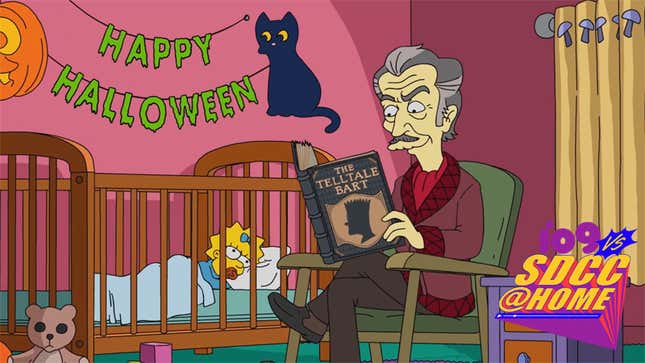 A somehow very alive Vincent Price (voiced by Maurice LaMarche) reads Maggie Simpson a bedtime story from "The Telltale Bart".