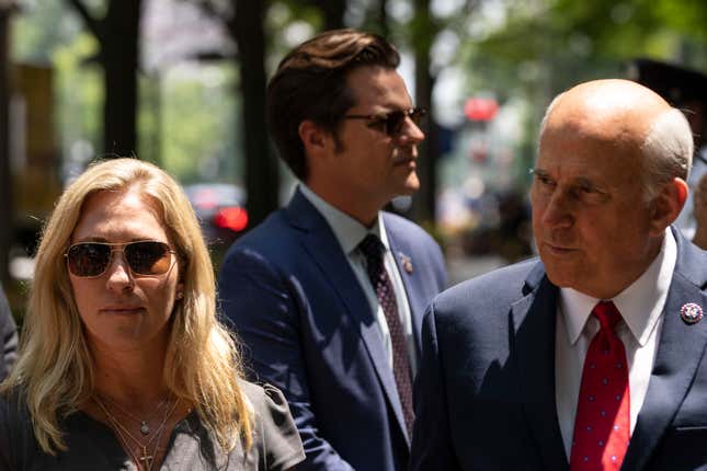 Rep. Marjorie Taylor Greene (R-Ga), Rep. Matt Gaetz (R-Fla.) and Rep. Louie Gohmert (R-Texas) unsuccessfully try to gain entry to the U.S. Department of Justice on July 27, 2021 in Washington, DC. 