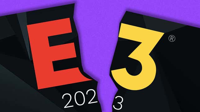 The E3 2023 logo splits apart in front of a purple background. 