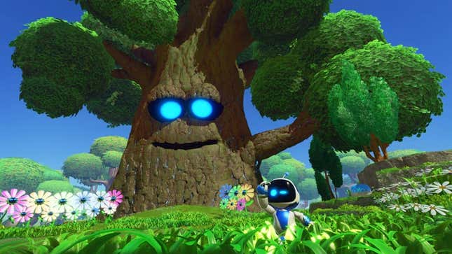 A screenshot of Astro Bot showing the titular character in a grassy field. A huge tree robot is behind them looking at Astro Bot.