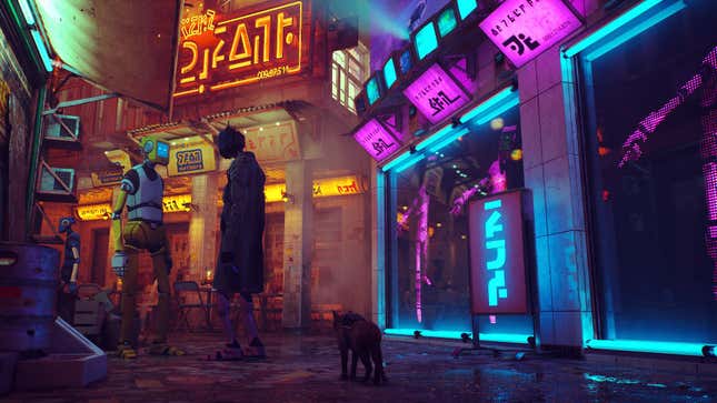 A cat walks down a neon-lit alleyway in Stray.