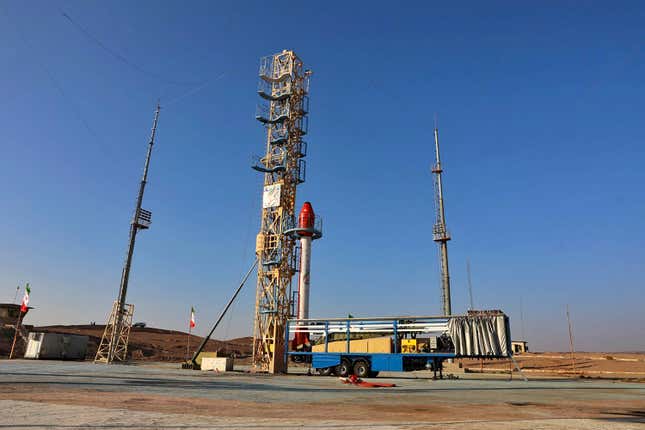 This photo released by the Iranian Defense Ministry on Wednesday, Dec. 6, 2023, claims to show a rocket with a capsule carrying animals before being launched from an undisclosed location into orbit, Iran. Iran said Wednesday it sent a capsule into orbit carrying animals as it prepares for human missions in coming years. (Iranian Defense Ministry via AP)