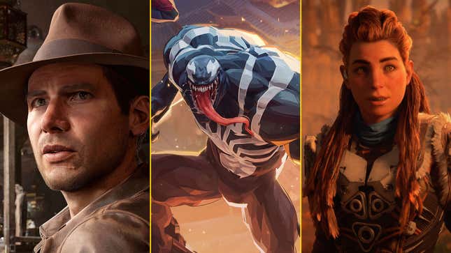 Indiana Jones, Venom, and Aloy are arranged in a collage.