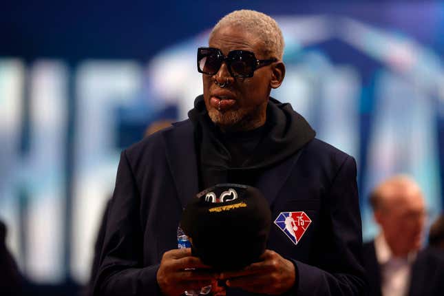 Dennis Rodman reacts after being introduced as part of the NBA 75th Anniversary Team during the 2022 NBA All-Star Game at Rocket Mortgage Fieldhouse on February 20, 2022 in Cleveland, Ohio.