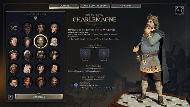 The leader selection screen for Charlemagne in Civilization VII.