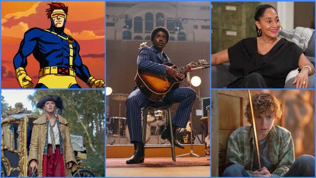 Clockwise from bottom left: Louisa Harland in Renegade Nell, X-Men ‘97, Ncuti Gatwa in Doctor Who, Tracee Ellis Ross in Black-ish, and Walker Scobell in Percy Jackson & The Olympians