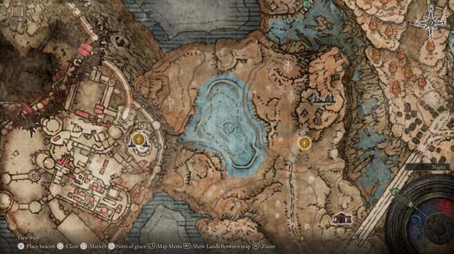 An Elden Ring map screen highlighting the location of the Great Katana.