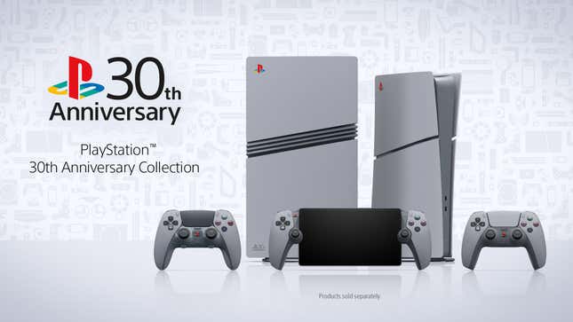 PlayStation 30th Anniversary Collection hardware sits in a row.