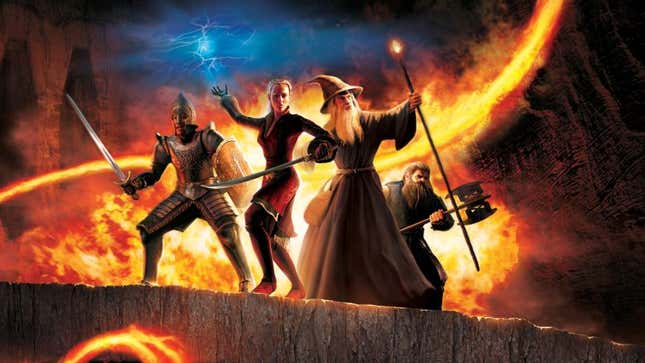 The box art of Lord of the Rings: The Third Age, featuring Berethor the Gondorian, Idrial the Elf, and Hadhod the Dwarf fighting the Balrog of Moria alongside Gandalf the Grey.