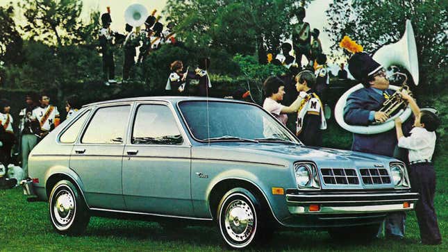 A photo of a Chevrolet Chevette hatchback with a brass band performing around it. 