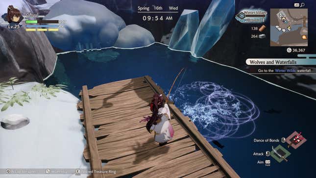 Pescando un pez en un pozo de pesca en Rune Factory: Guardianes de Azuma.