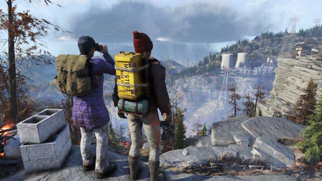 A screenshot of Fallout 76 showing players wearing backpacks. 