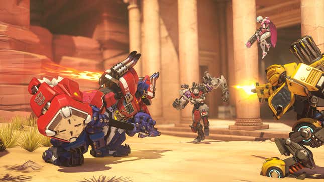 Reinhardt, Bastion, Illari, and Ramattra in their Transformers skins.