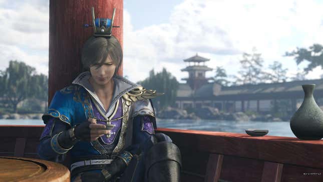 A screenshot from a cinematic in Dynasty Warriors: Origins. The character Guo Jia is sitting by the water and enjoying a drink.