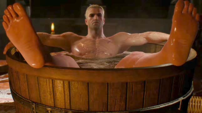 The Witcher 3: Wild Hunt protagonist Geralt of Rivia takes a bath in a wooden tub.