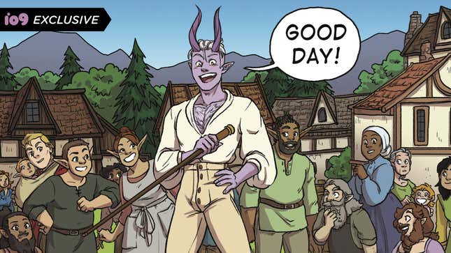 Tiefling prince Eugene bids an unseen group "Good Day", surrounded by fantasy villagers, in a panel from Real Hero Shit.