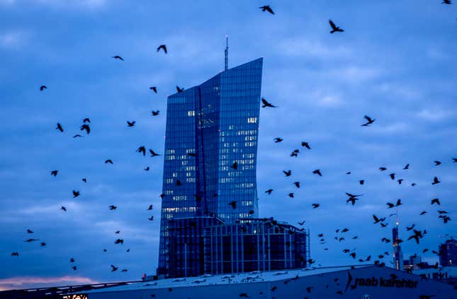 FILE - Crows fly in front of the European Central Bank in Frankfurt, Germany, on Feb. 26, 2024. The European Union&#39;s statistics agency Eurostat releases inflation figures for February on Friday March 1, 2024 amid speculation about when the European Central Bank will start cutting interest rates. (AP Photo/Michael Probst, File)