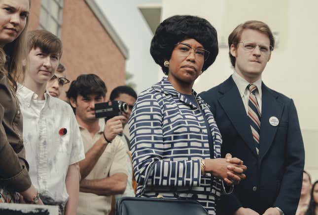 Regina King as Shirley Chisholm and Lucas Hedges as Robert Gottlieb in Shirley.