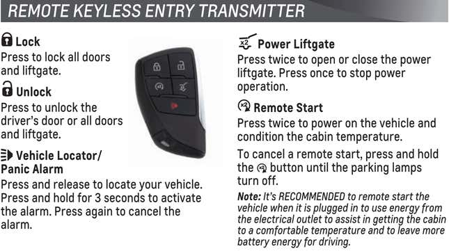 A screenshot from the Chevrolet Blazer EV Quick Reference Guide outlining the operation of the key fob.