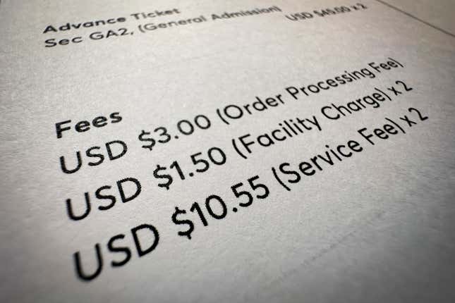 Fees on a concert ticket receipt are shown in this photo taken Wednesday, Nov. 1, 2023, in New York. &quot;Junk fees&quot; are just what they sound like: hidden or misleading charges that increase the total cost of concert tickets, hotel rooms, utility bills and other goods and services. (AP Photo/John Minchillo)