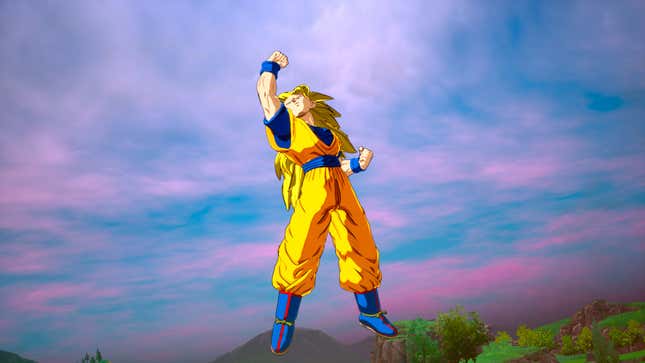 Super Saiyan 3 Goku majestically poses with his right arm raised into the air.