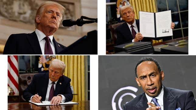 Image for article titled Trump Letting Go of &#39;DEI&#39; Employees, Trump Ends Remote Work for Federal Workers, Trump&#39;s Scary Executive Orders, Pardoning Jan. 6 Insurrectionists, Reaction to Elon Musk&#39;s Gesture, Black America&#39;s Reaction to Rappers Performing For Trump and More Trump News