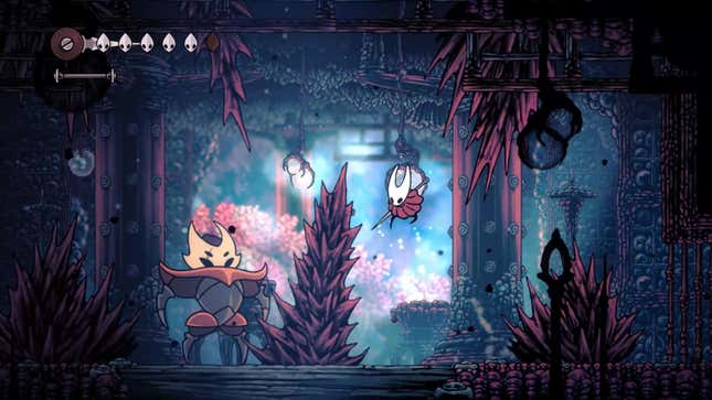 A Hollow Knight Silksong screehshot, amidst a boss fight with red spikes all over the screen.