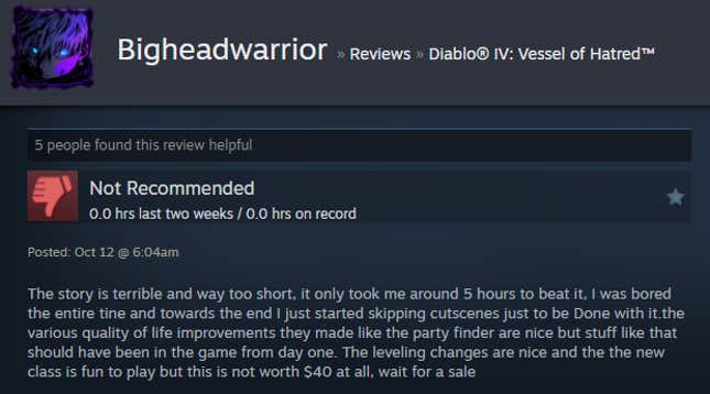 Image for article titled Diablo 4: Vessel Of Hatred, As Told By Steam Reviews