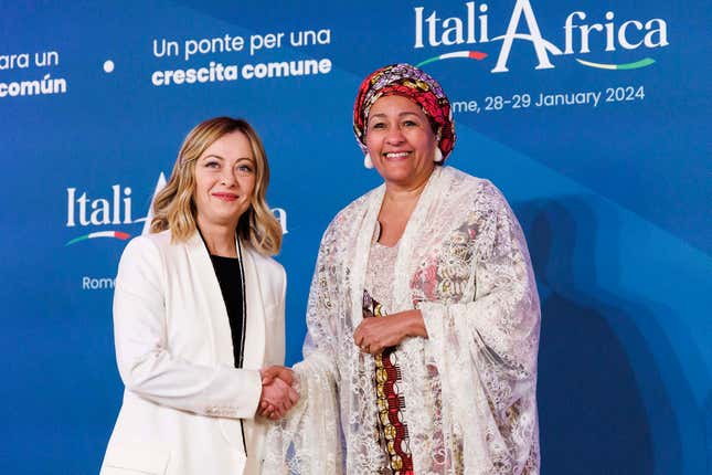 Italian Premier Giorgia Meloni, left, welcomes UN Deputy Secretary-General Amina Mohammed on the occasion of an Italy - Africa summit, in Rome, Monday, Jan. 29, 2024. Meloni opened a summit of African leaders on Monday aimed at illustrating Italy&#39;s big development plan for the continent that her government hopes will stem migration flows and forge a new relationship between Europe and Africa. (Roberto Monaldo/LaPresse via AP)