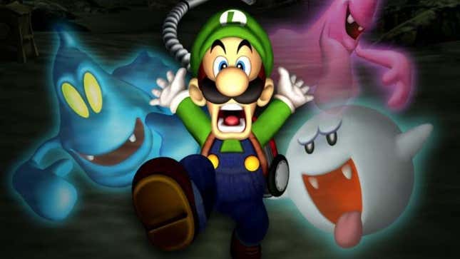 Luigi screams as he's surrounded by ghosts. 