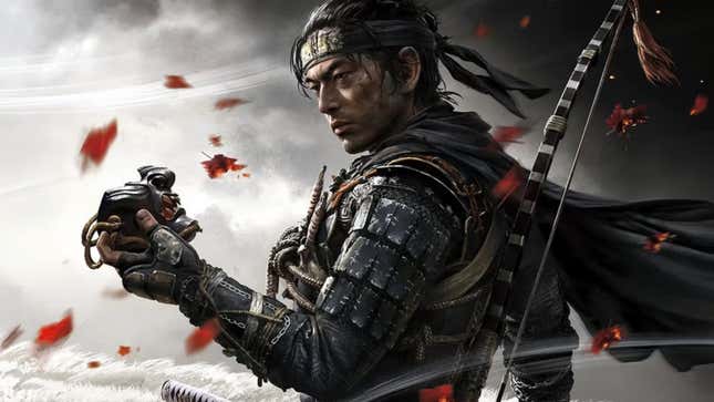 Ghost of Tsushima protagonist Jin Sakai holds a mask in his left hand as red petals billow around him.