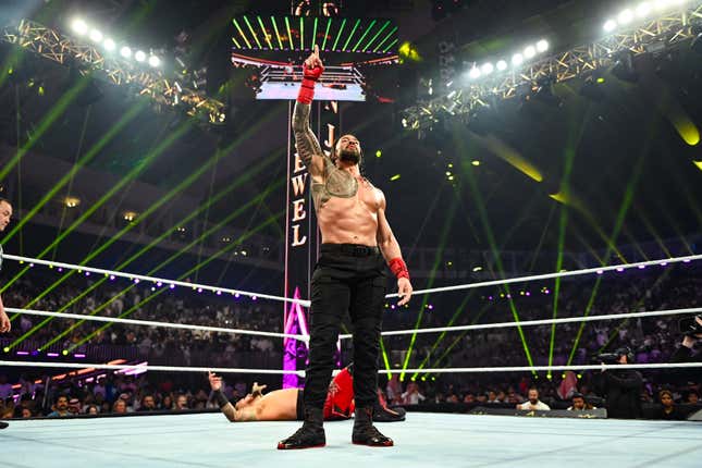  Roman Reigns says he's the one during Crown Jewel at Mohammed Abdo Arena on November 2, 2024 in Riyadh, Saudi Arabia.