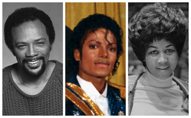 Quincy Jones, links; Michael Jackson, und Aretha Franklin.