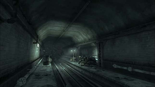 A screenshot shows a subway tunnel from Fallout 3. 