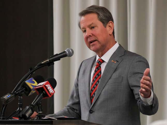 FILE - Georgia Gov. Brian Kemp speaks, Feb. 26, 2024, in Athens, Ga. Georgia lawmakers have made it harder for workers at companies getting state economic incentives to unionize, in what could be a violation of federal law. The state House voted 96 to 78 Wednesday, March 20, for Senate Bill 362, which would bar companies that accept state incentives from recognizing unions without a formal secret-ballot election. The measure, which has been backed by Gov. Kemp, now goes to the Republican governor for his signature. (Nell Carroll /Atlanta Journal-Constitution via AP, file)