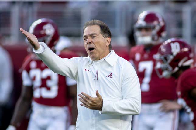 Alabama head coach Nick Saban yells instruction before an NCAA college football game against LSU, Saturday, Nov. 6, 2021, in Tuscaloosa, Ala.