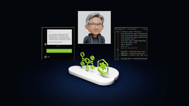 a digital graphic showing two shapes floating above a cloud, above that are three windows, one with a chatbot, one with a digital version of Jensen Huang, and one of code