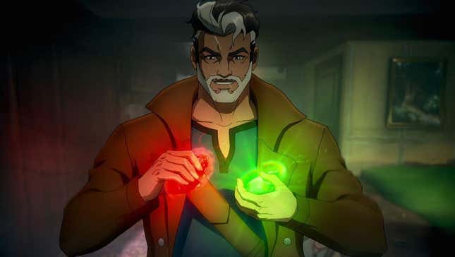 A bearded man holds glowing red and a green stones close together