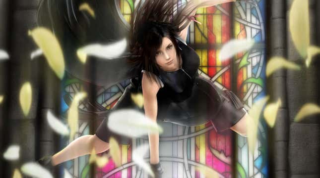 Tifa in front of a stained glass window