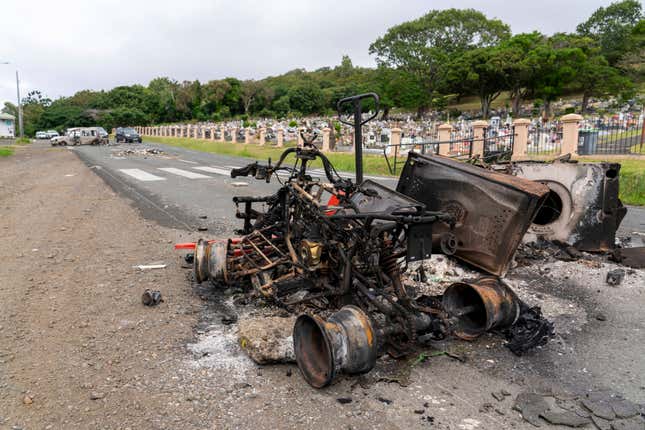 Vehicles destroyed in New Caledonia, photographed on May 14, 2024. 