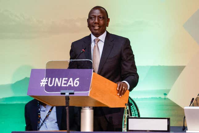 Kenya’s President William Ruto, gives his address during the high level segment session of the 6th United Nations Environment Assembly (UNEA-6) at the United Nations (UN) offices in Gigiri, in Nairobi on February 29 2024.