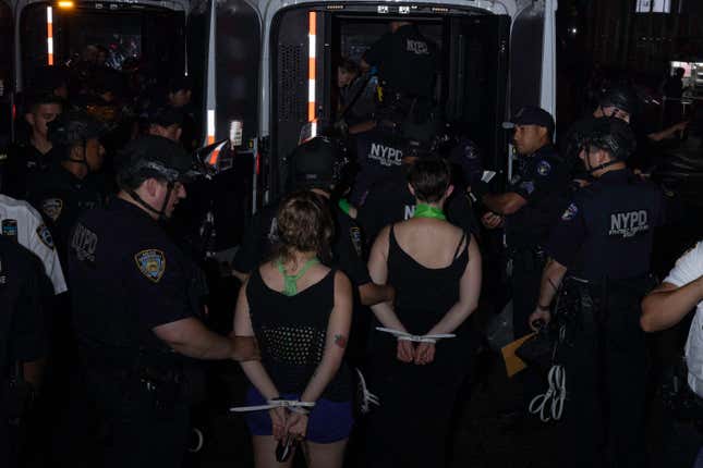 NYPD officers arrest several abortion rights activists in New York, on June 24, 2022.