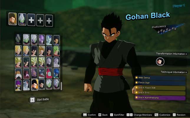 A modified character select screen shows off Gohan Black and his version of Fused Zamasu available with personal slots.