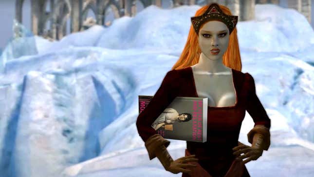 A red-haired character in The Witcher stands with her hands on her hips and a copy of My Year of Rest and Relaxation tucked under her arm.