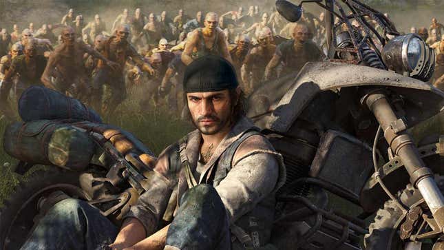 An image shows a man sitting by his bike with zombies behind him.