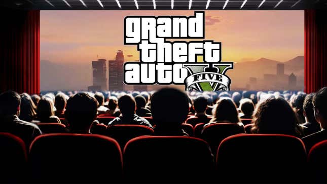 An image shows a group of theater goers watching the GTA V trailer. 