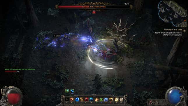 A fight between the player and Sondar, the Rogue Exile in Path of Exile 2.