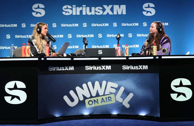 Alex Cooper and Grace O’Malley speak on SiriusXM on radio row at Super Bowl LIX on February 07, 2025 in New Orleans, Louisiana. 